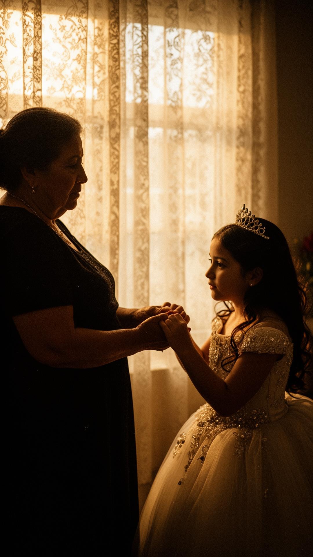 Grandmother holding her granddaughter's hands before a quinceañera